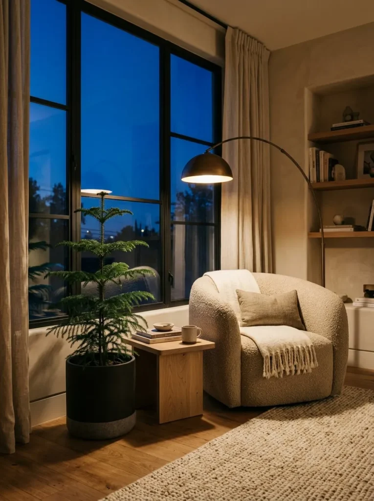 "Norfolk Island pine in a felt-collared planter beside a bouclé reading chair"