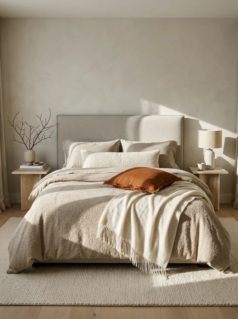 "Oat bouclé duvet with a single rust linen pillow"