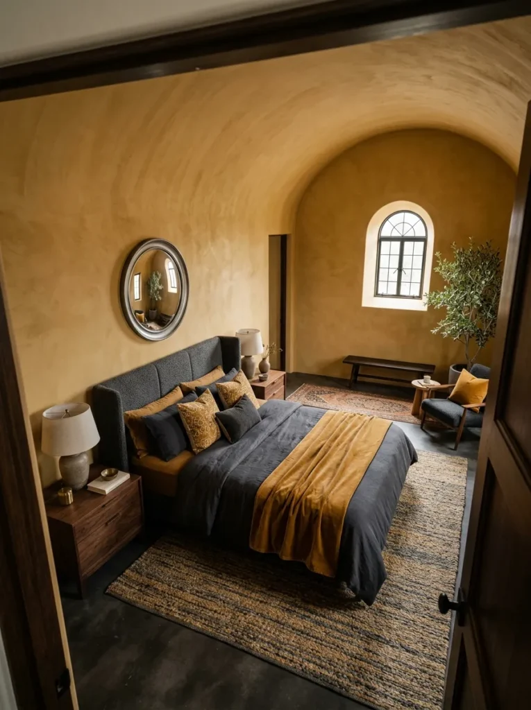 "Ochre plaster barrel vault above a charcoal wingback bed"