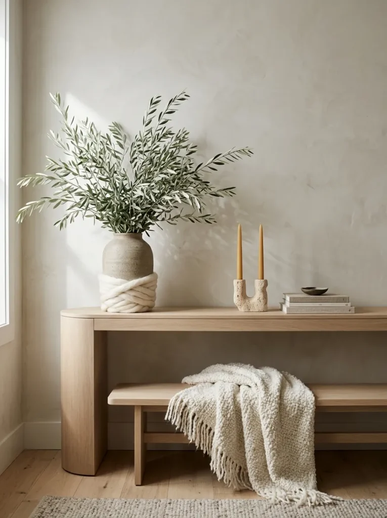 "Olive branches in a stoneware vase on an entry console"