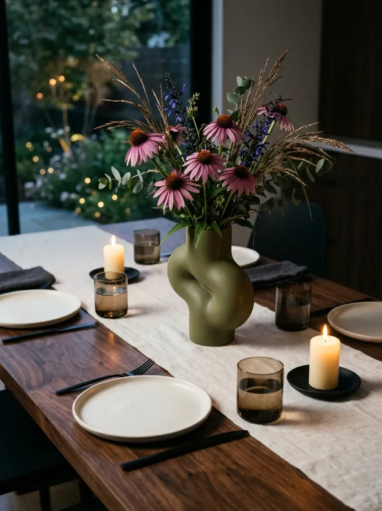 "Serpentine olive vase with coneflowers curving down a table runner"