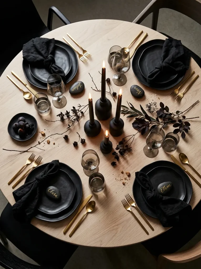 "Black and gold Christmas table setting with matte stoneware plates"