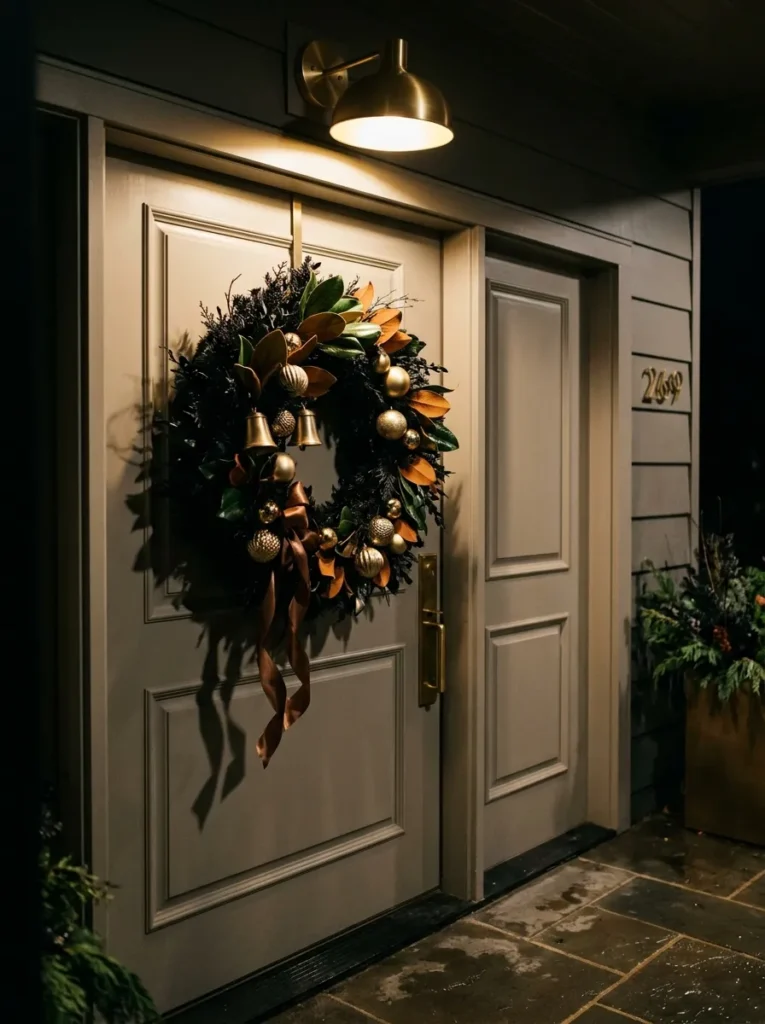 "Oversized matte black faux wreath with brass ornaments on a greige door"