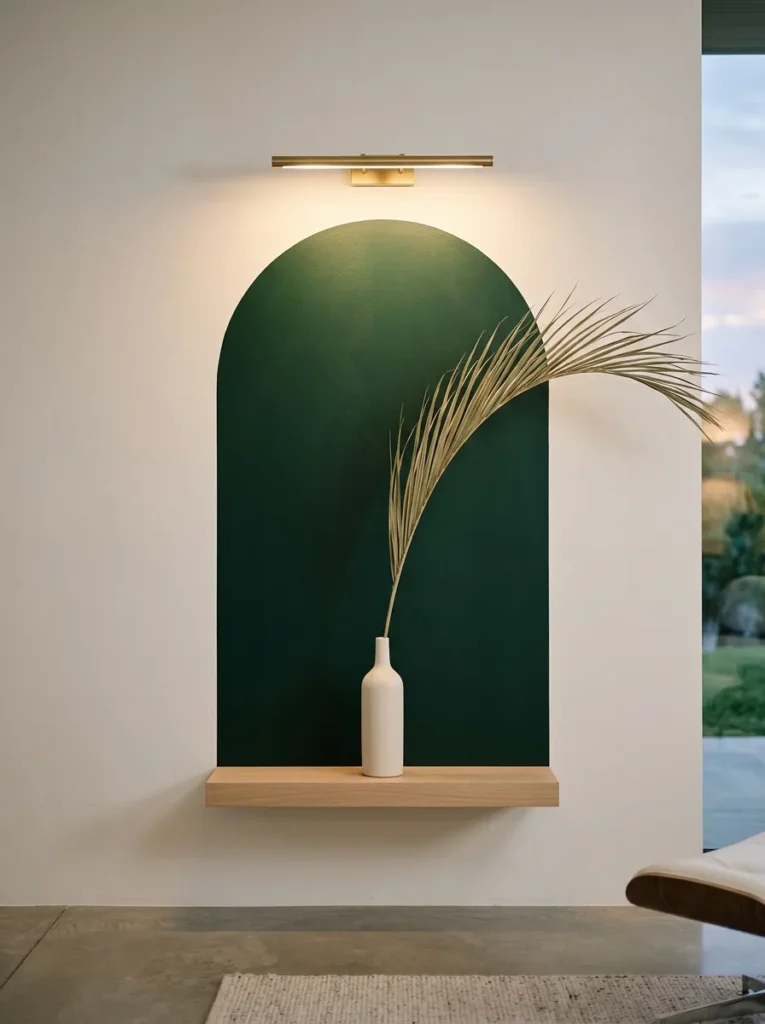 "Single palm frond under a painted fir-green arch shelf"