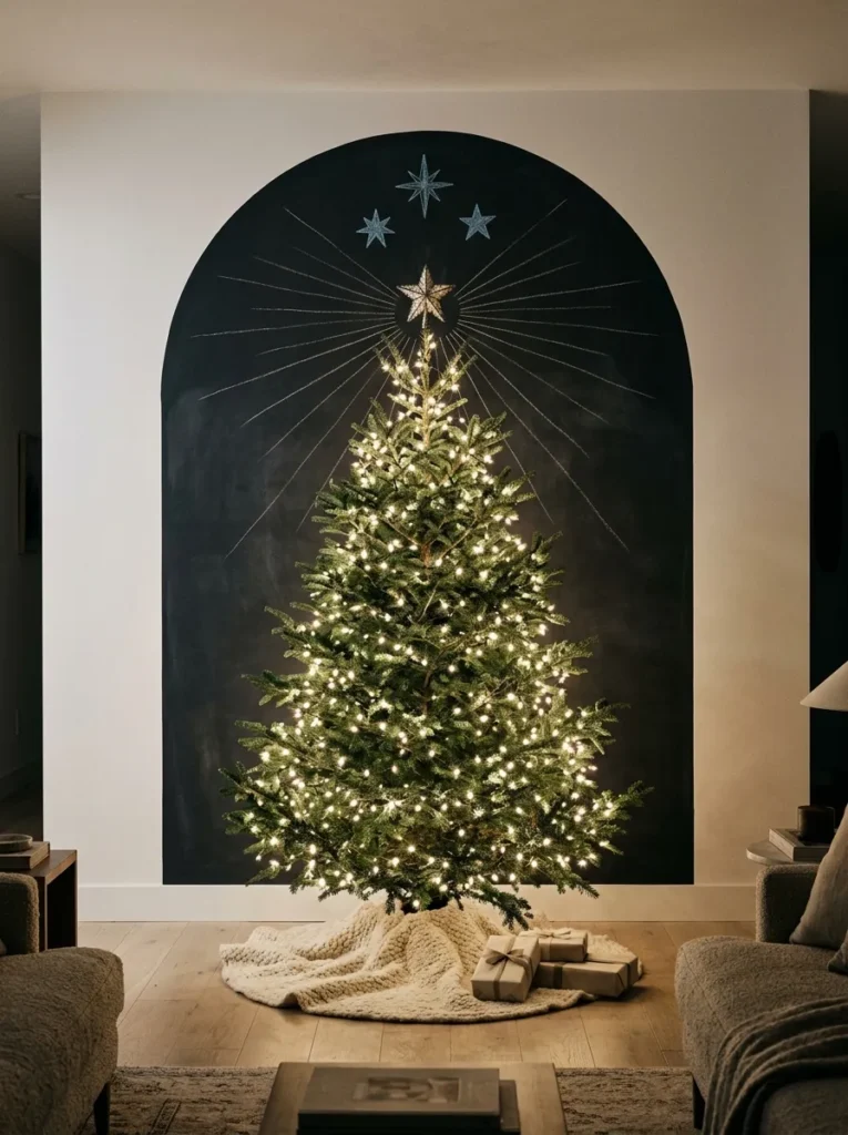  "Charcoal chalkboard paint arch behind a lit Christmas tree"