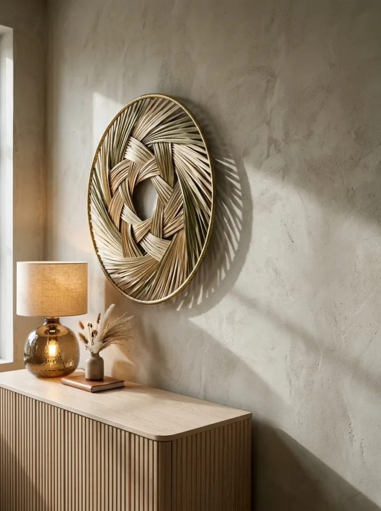 "Woven palm frond hoop hung above a white oak sideboard"