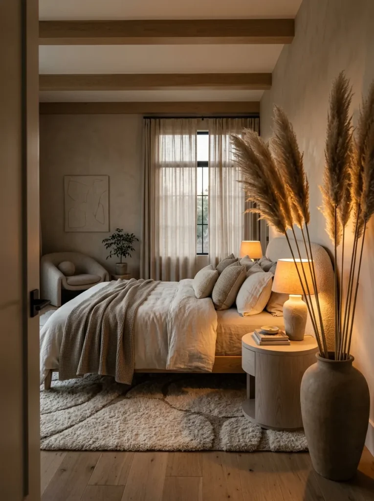"Dried pampas plumes in a stoneware vase beside a bouclé headboard"