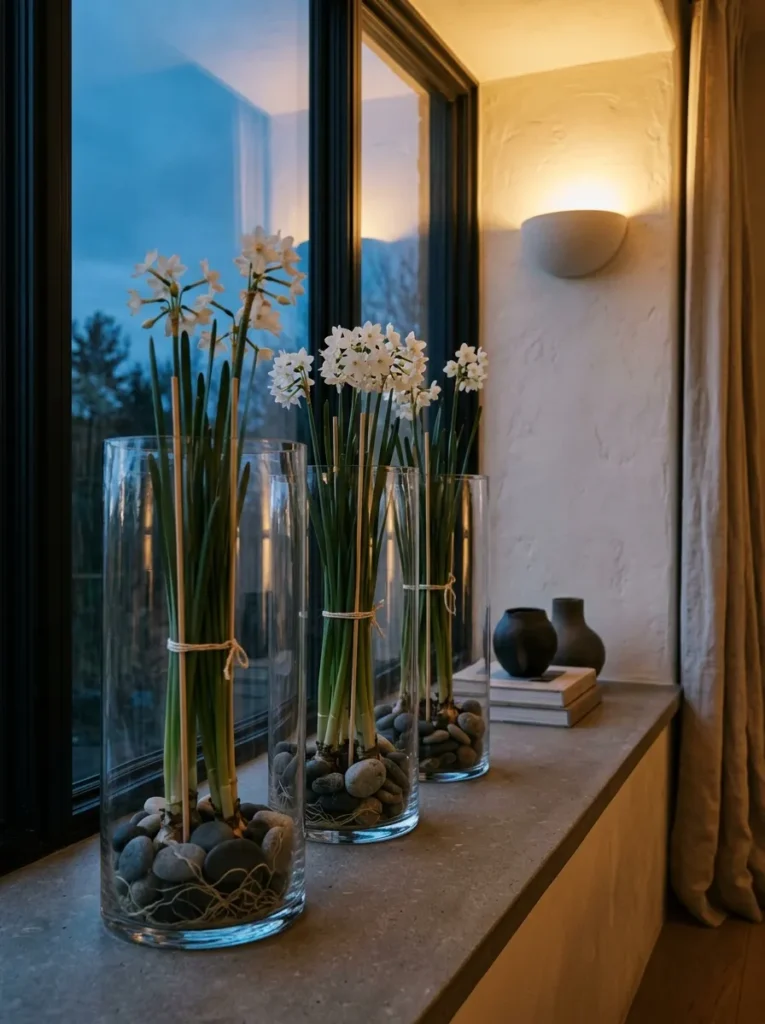 "Paperwhite narcissus in glass cylinders with river stones on a window ledge"