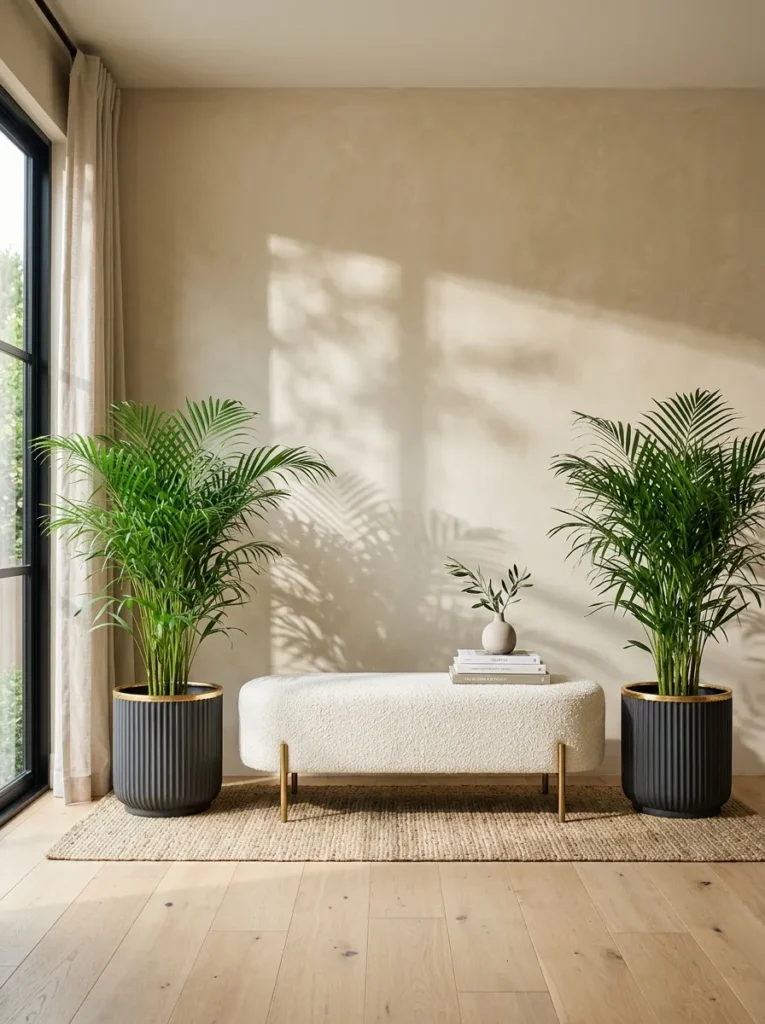 "Two living parlor palms in gilded charcoal planters flanking a bench"