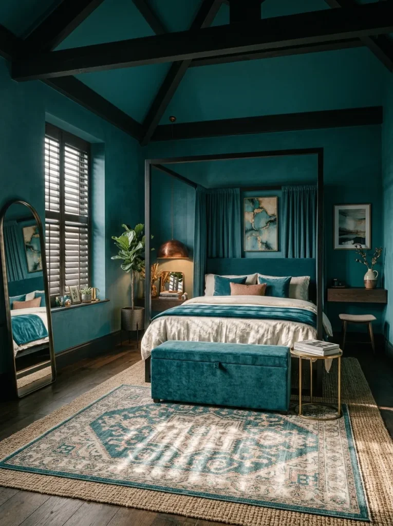 "Peacock teal half-tester bed with louvered oak shutters"