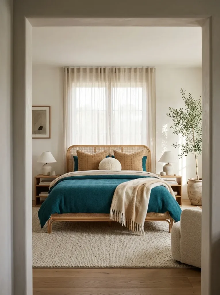 "Peacock teal herringbone duvet on a rattan bed frame"