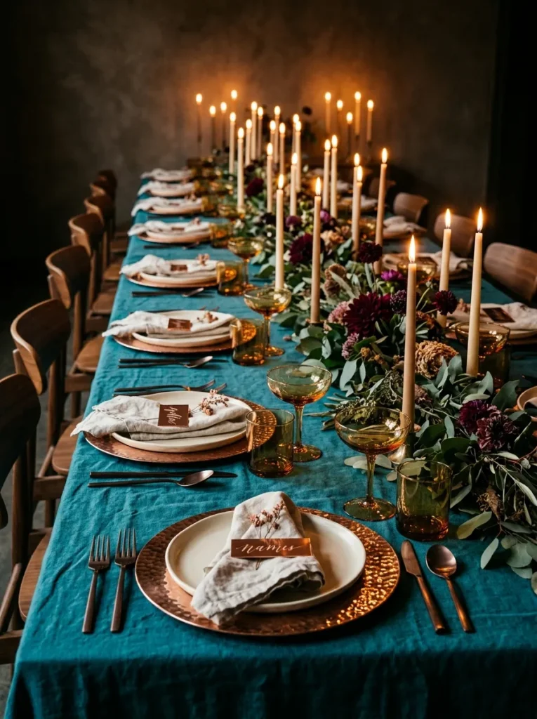 "Hammered copper chargers on a peacock-teal linen table with copper foil name tags"