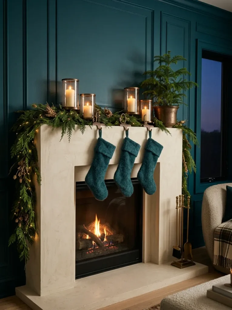 "Peacock teal wall behind a bronze and fir Christmas mantel"
