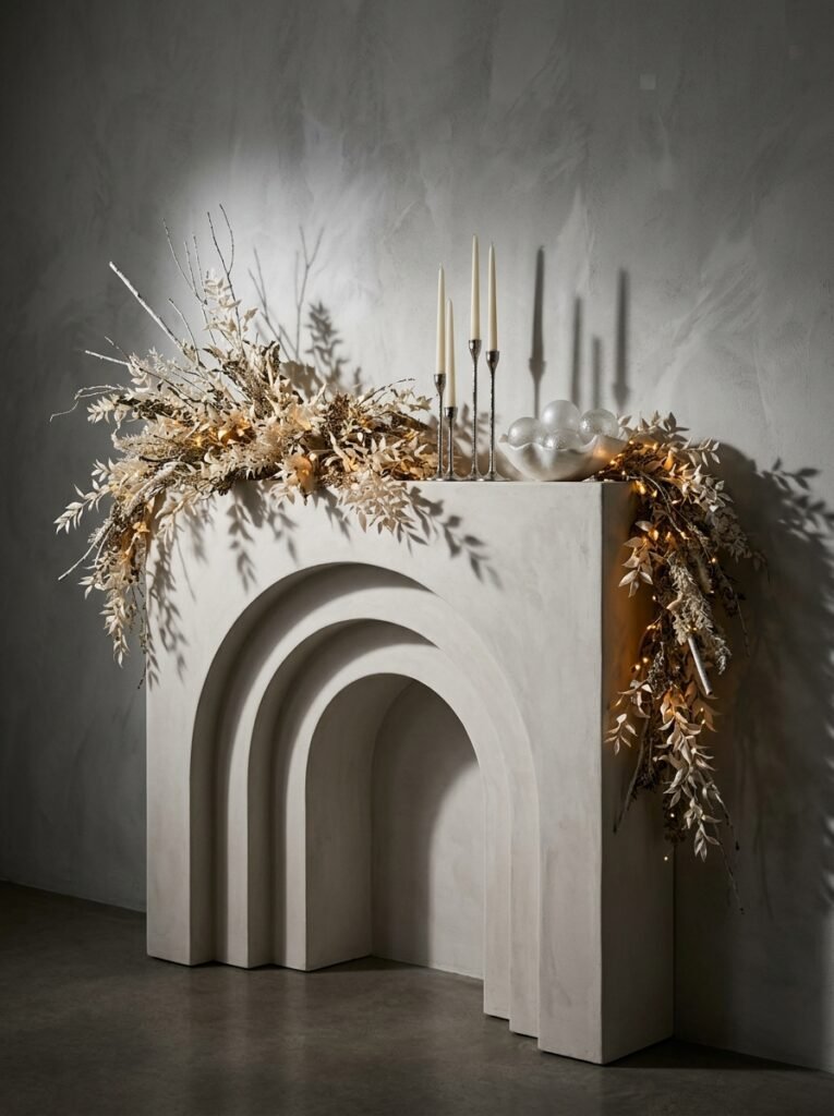 "All-white Christmas mantel with graduated plaster arches"