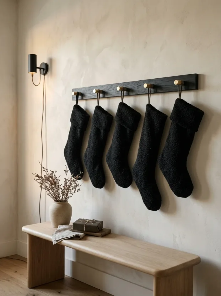 "Black bouclé stockings on a gold-pegged oak rail"