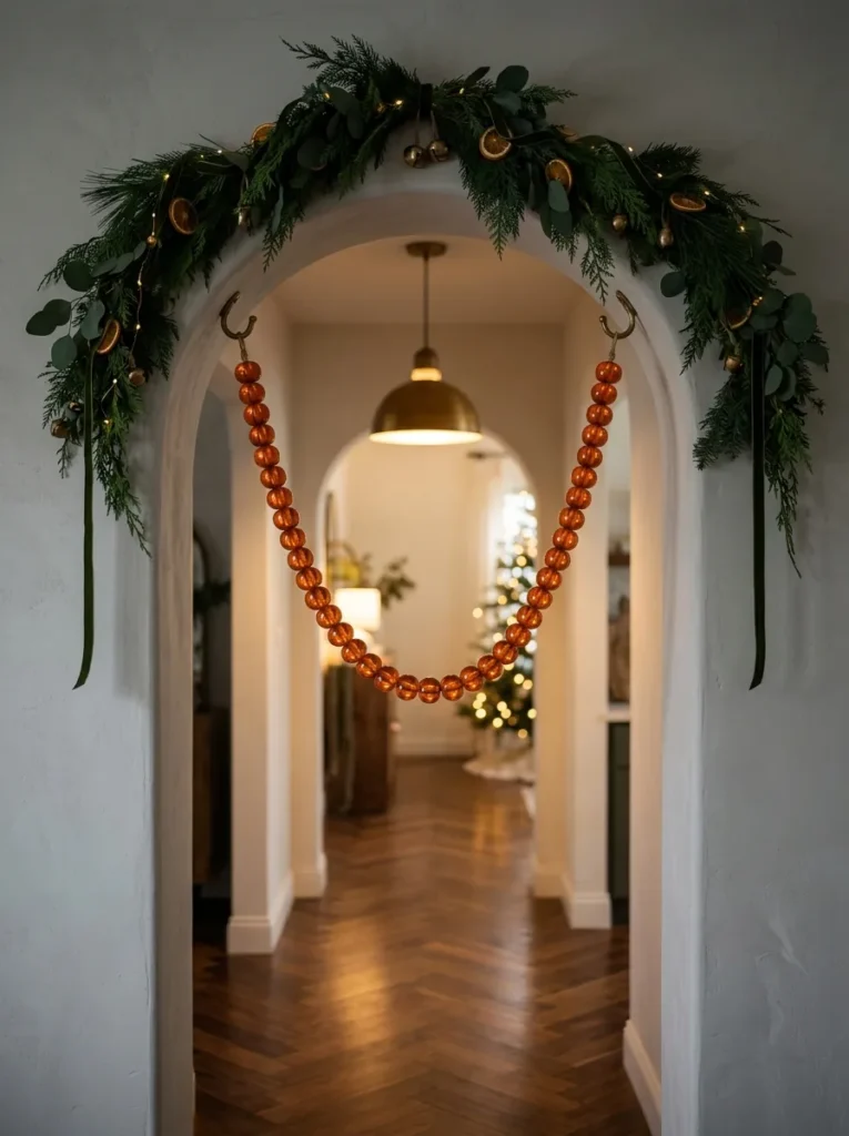 "Persimmon glass bead swag across an arched doorway"