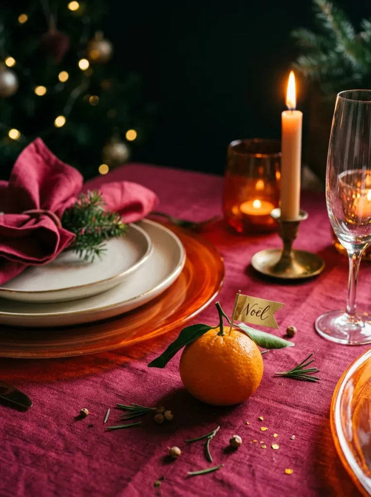 "Persimmon glass chargers glowing under cream plates on a raspberry tablecloth"