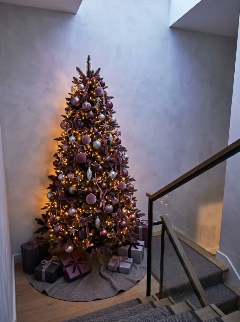 "Plum and mauve half Christmas tree flat against a stair landing wall"