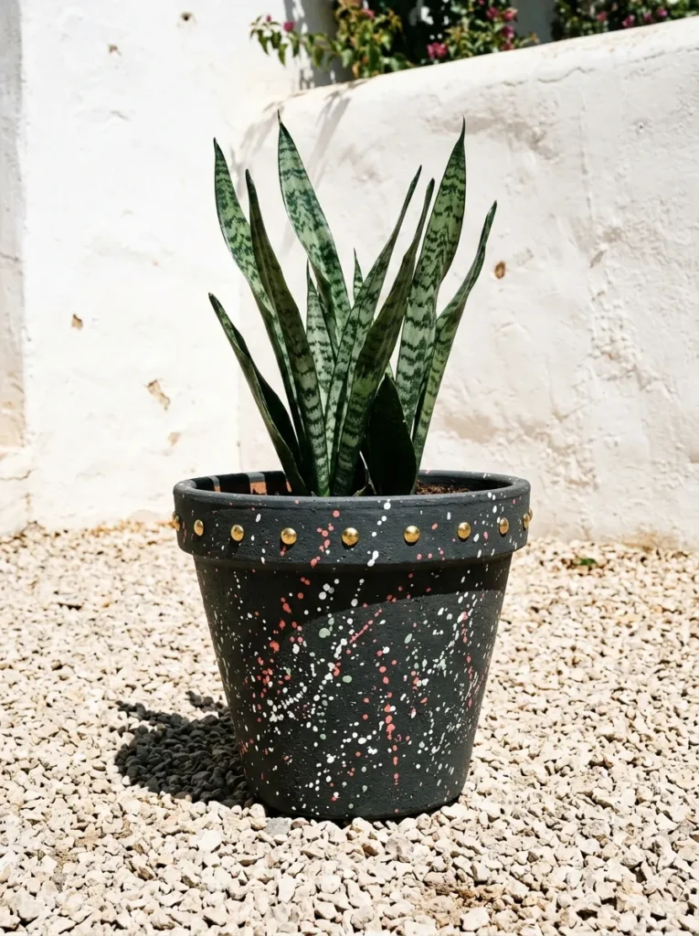 "Pollock-style splatter paint pot with brass studs"