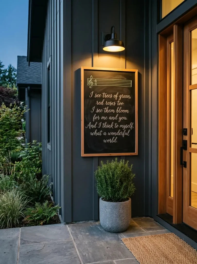  "Porch chalkboard with carol lyrics and a music staff beside a front door"
