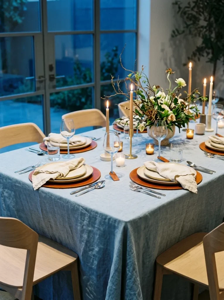 "Cream plates on cognac leather chargers over a powder-blue linen cloth"