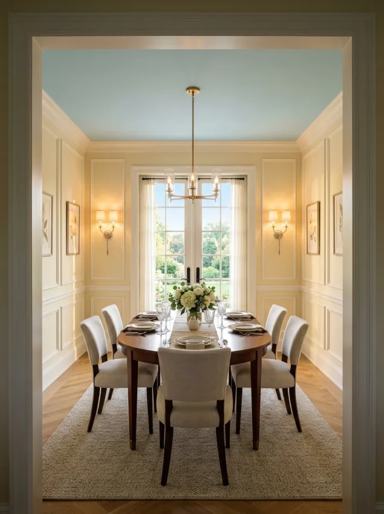 "Traditional dining room with butter yellow walls and sky blue ceiling"