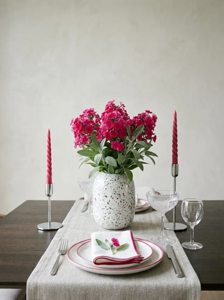 "Raspberry phlox and silver sage in a terrazzo vase"