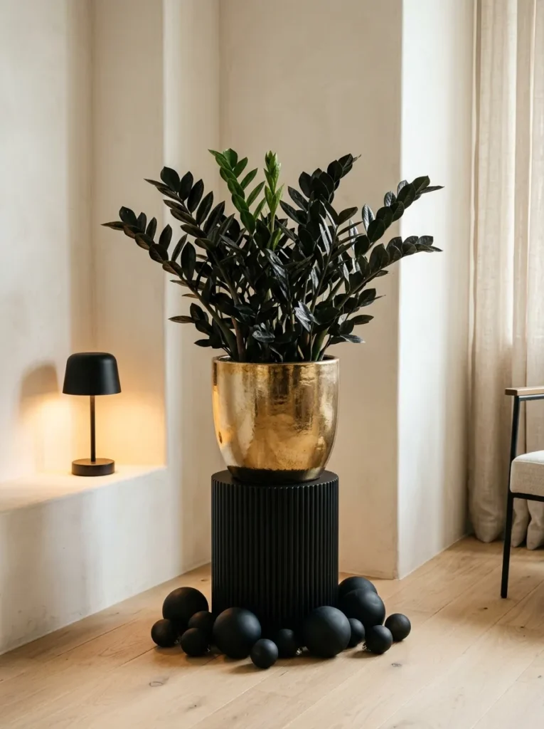 "ZZ Raven plant in a gold pot as living black holiday decor"