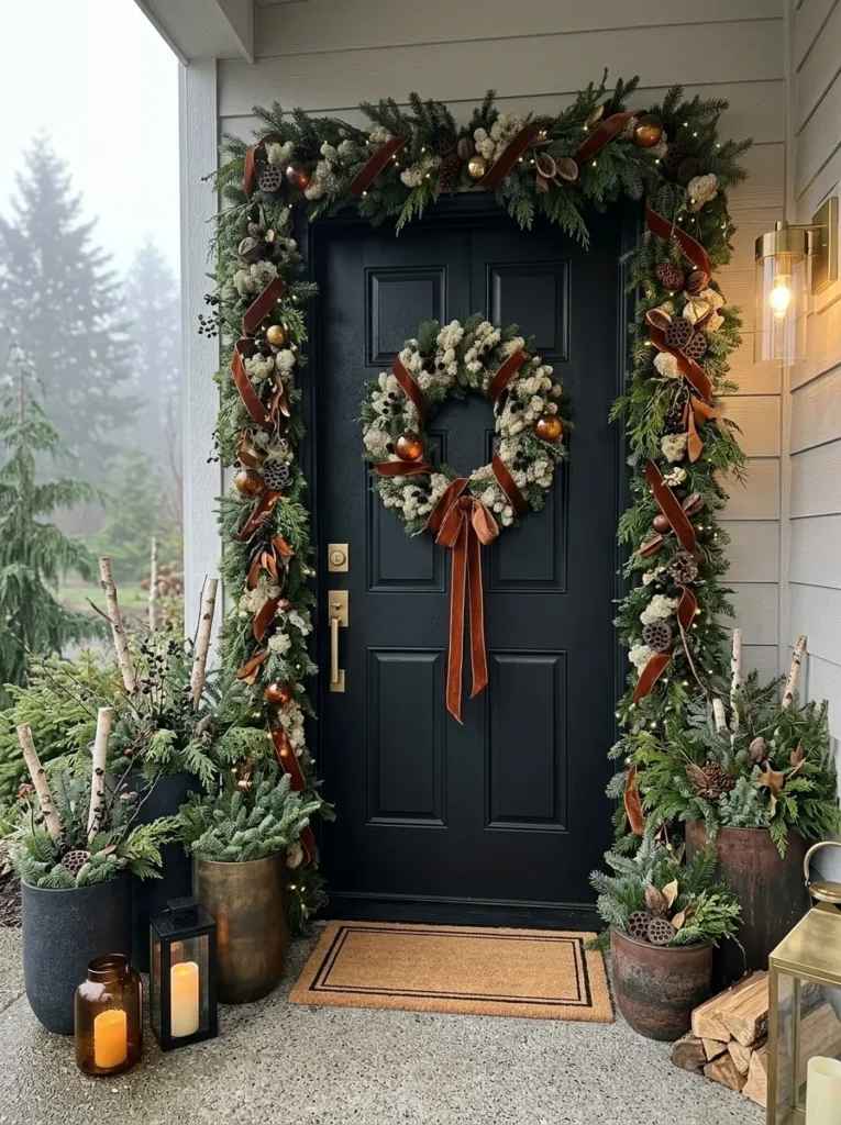 "Reindeer moss wreath with an amber glass ornament on a black door"