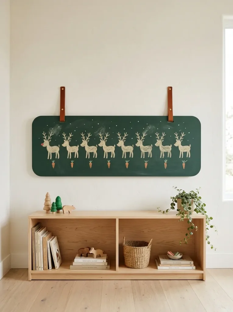"Nine chalk reindeer roll call board in a playroom"