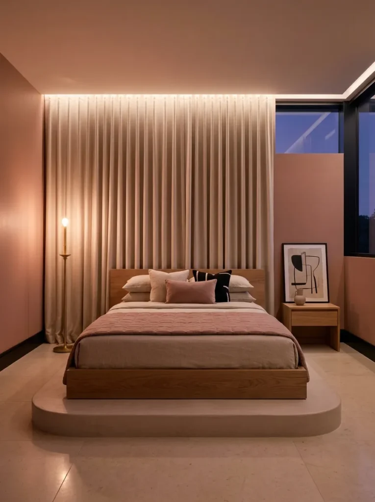 "Rose-clay plaster dais bed with floor-to-ceiling drapery"