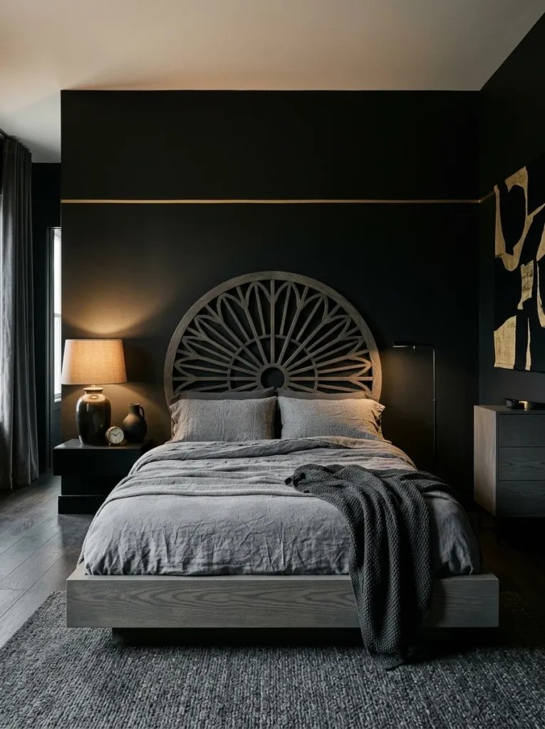 "Round slatted headboard resembling a Gothic rose window on a black wall"
