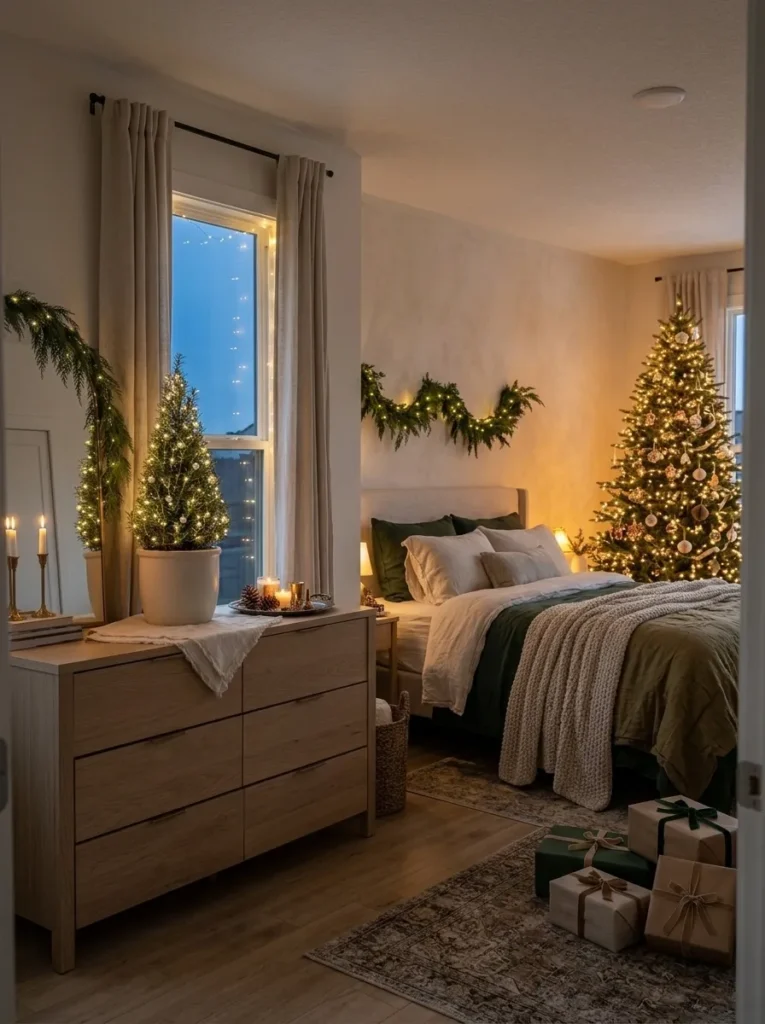 "Rosemary topiary cone with copper-wire lights on a bedroom dresser"