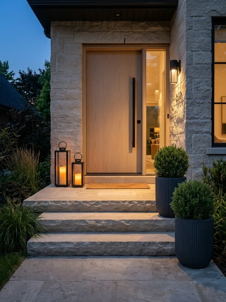 "Rosemary topiaries in stoneware planters on limestone porch steps"