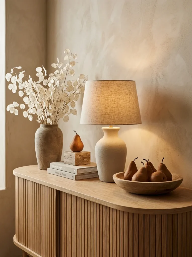 "Russet Bosc pears and dried lunaria pods on an oak sideboard"