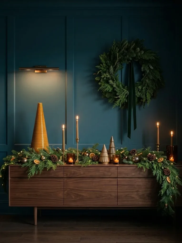 "Saffron ceramic cone sculpture on a walnut sideboard against a teal wall"