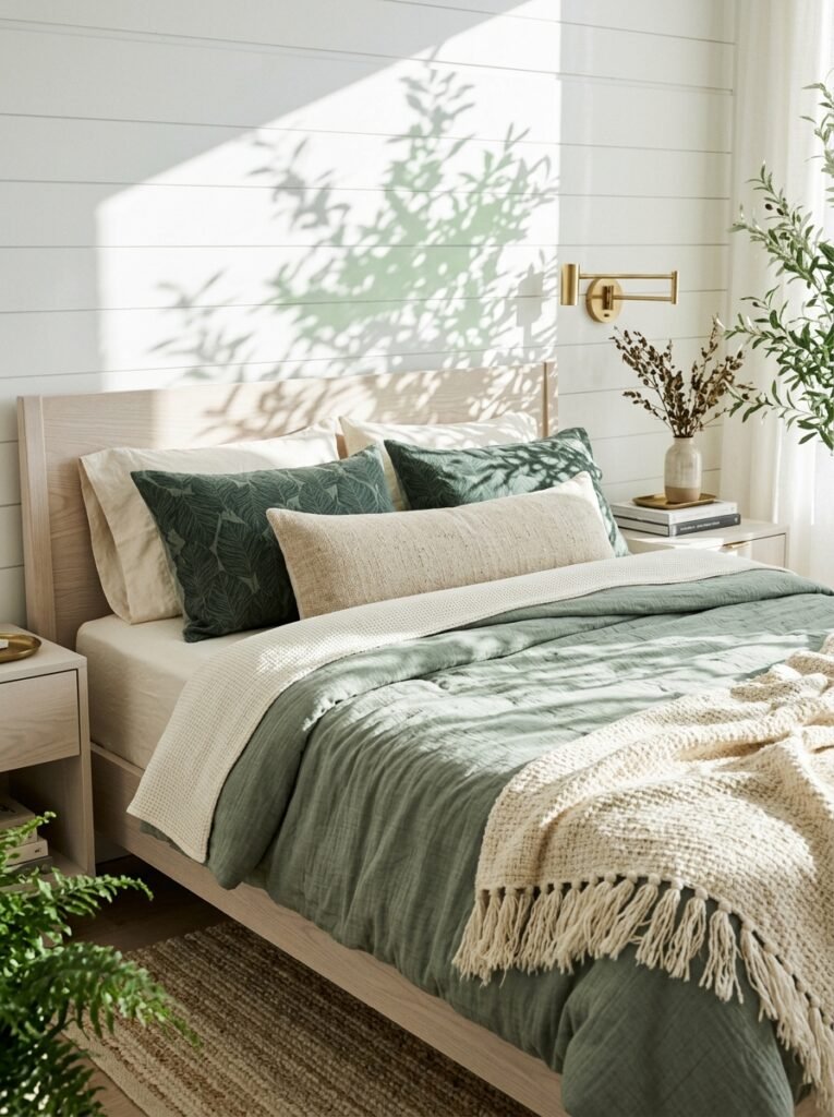 "Sage green double-gauze duvet with ivory waffle cuff"