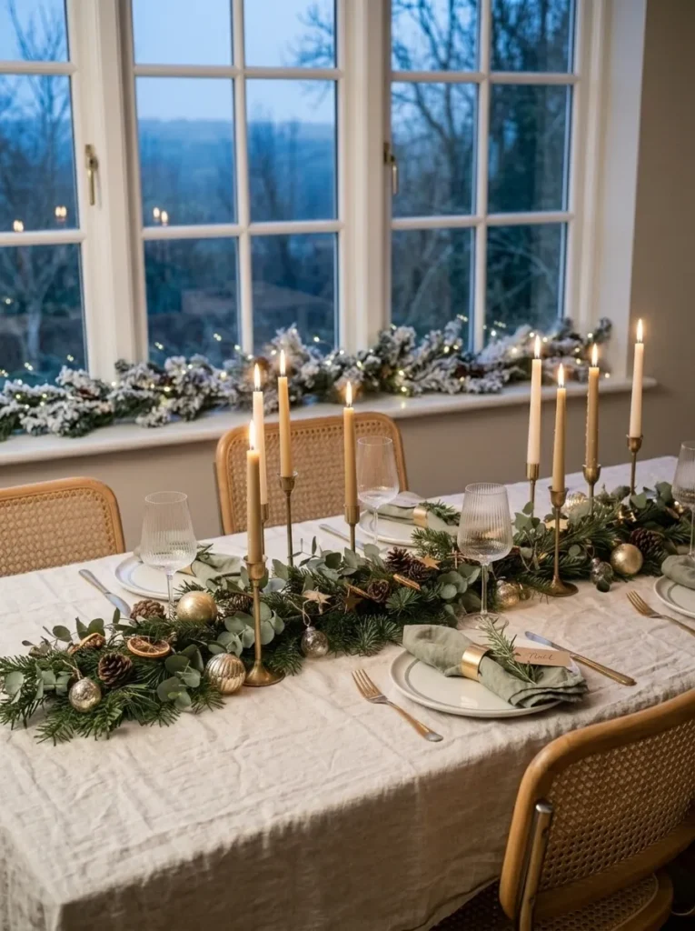 "Sage windowpane check tablecloth with rosemary sprig place cards"