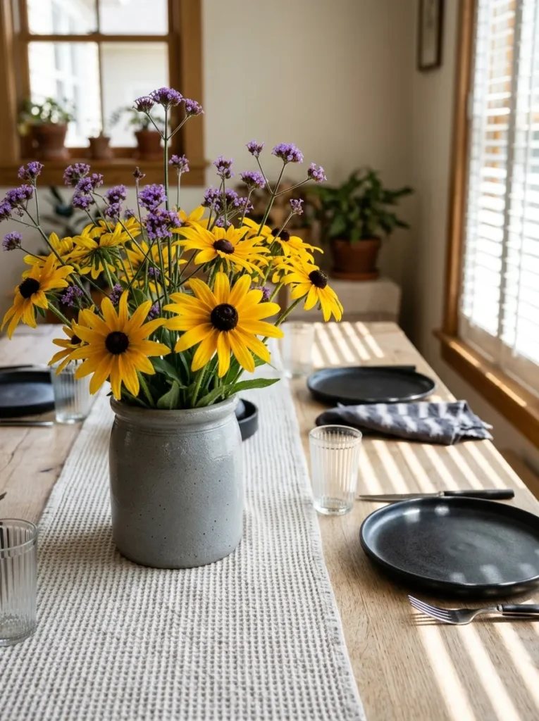 "Black-eyed Susans and verbena in a salt-glazed crock"