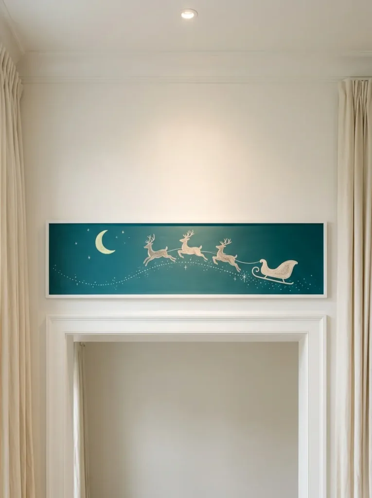  "Santa sleigh chalk silhouette on a long teal board above a doorway"