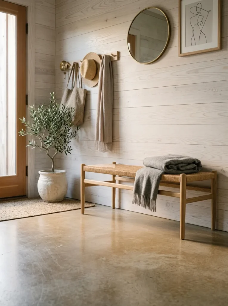 "Scandinavian entryway with whitewashed ash planks and paper-cord bench"