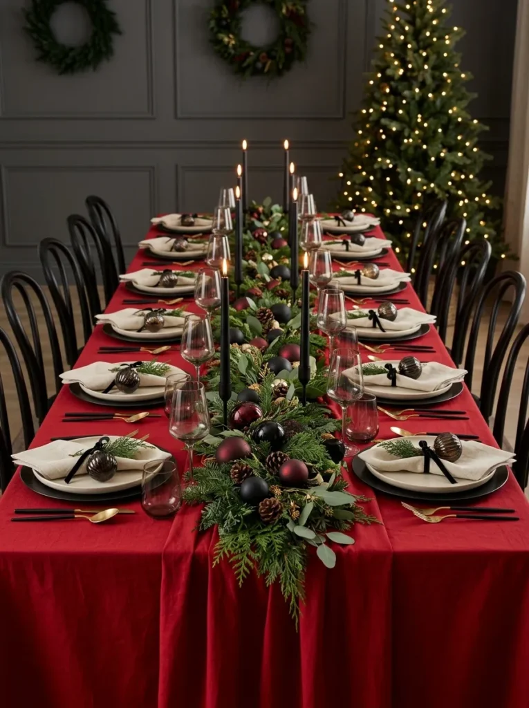  "Scarlet poplin tablecloth with bone plates on black steel chargers"