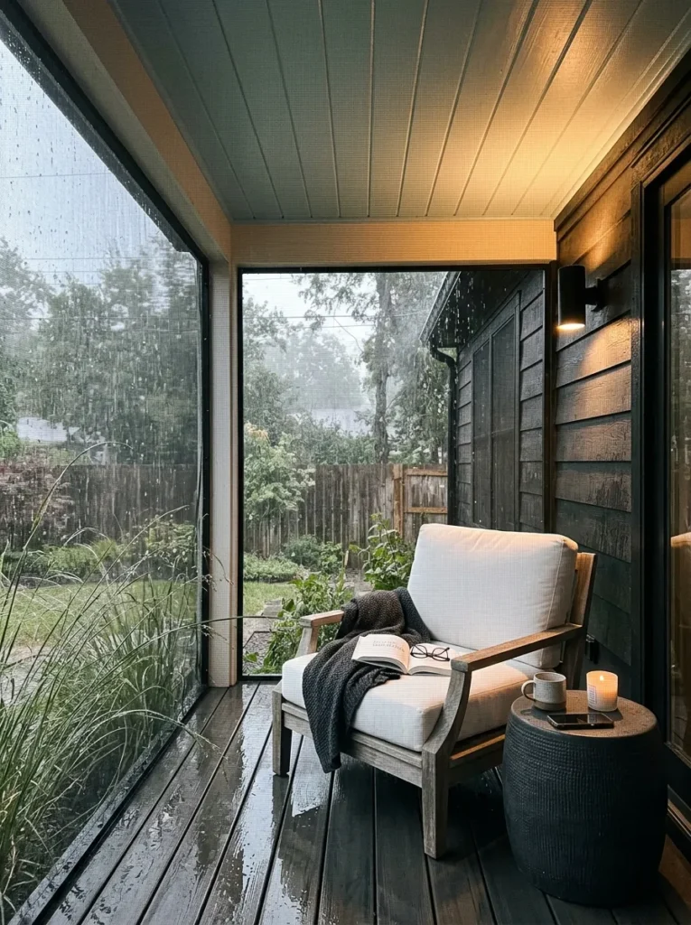 "Screened porch reading lounge with haint-blue ceiling"