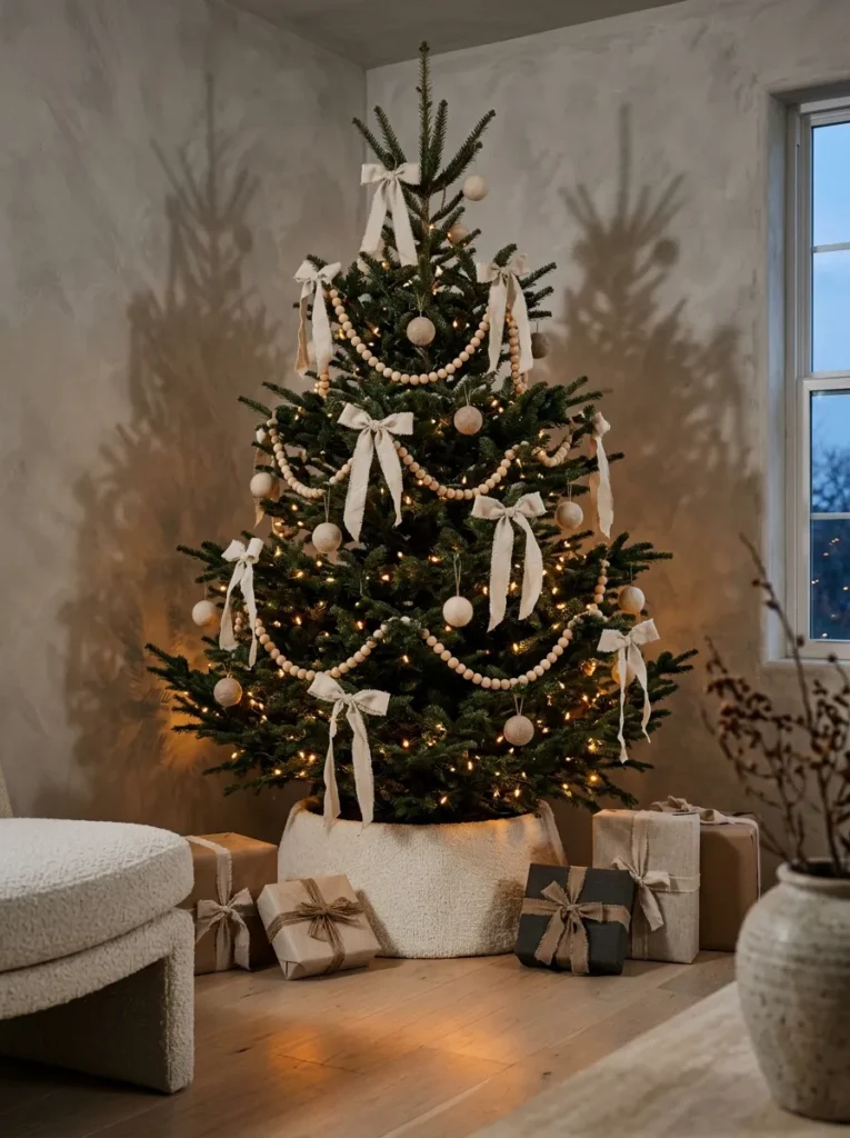 "Noble fir tree with wool felt balls and maple beads on jute cord"