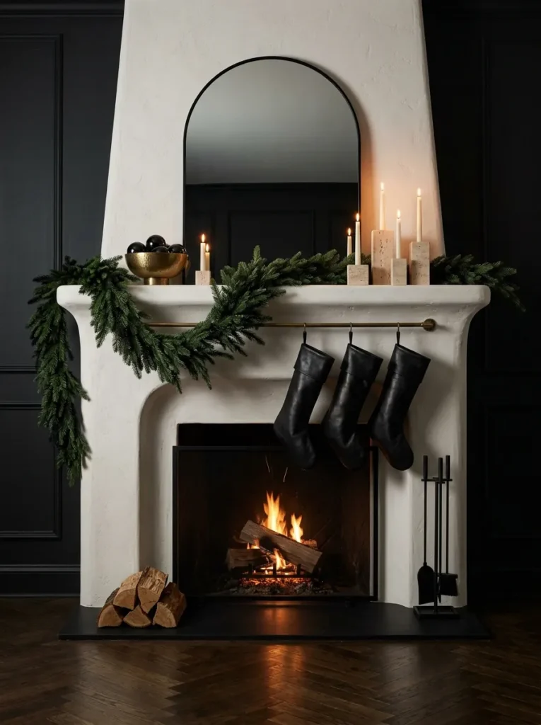 "Matte black Christmas mantel with brushed brass candlesticks"