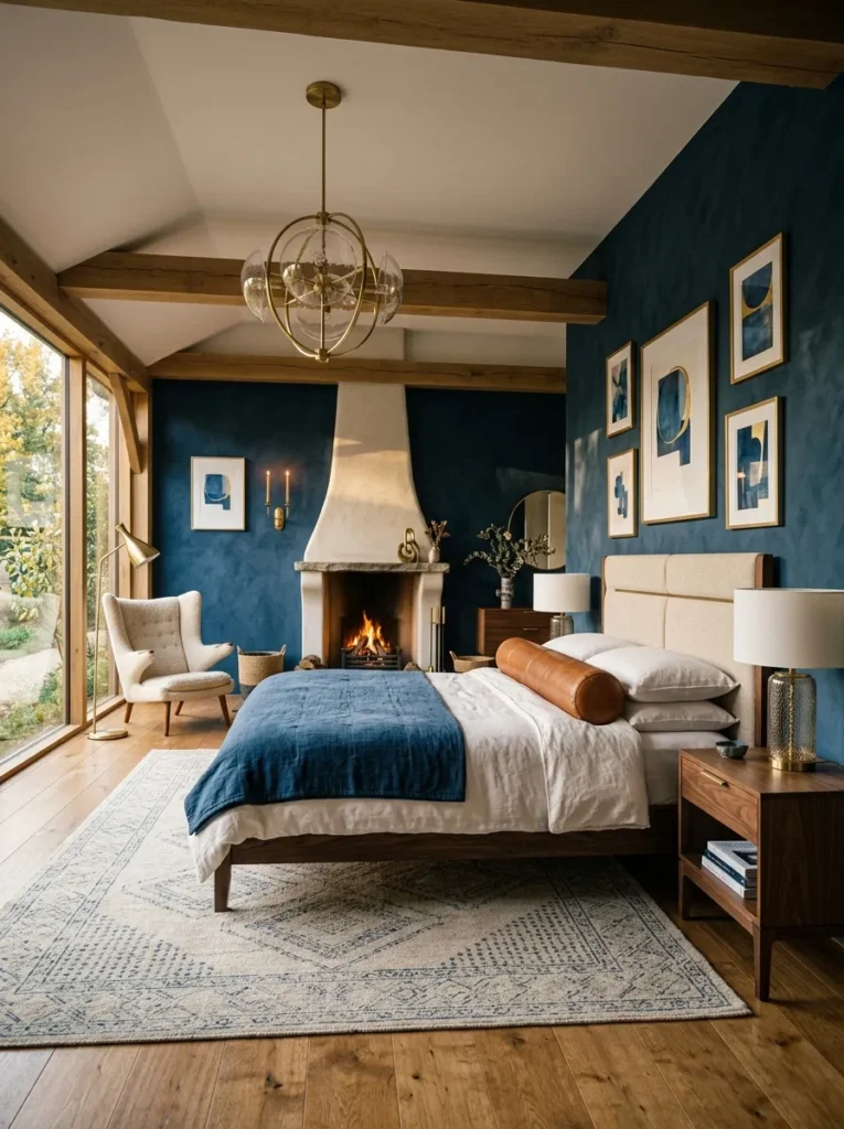 "Curved plaster hooded fireplace against indigo limewash walls"