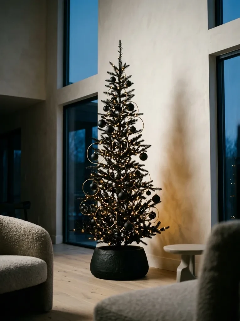 "Matte black Christmas tree with brushed brass hoop ornaments"