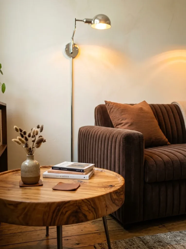  "Chocolate velvet loveseat with two reading sconces for shared use"