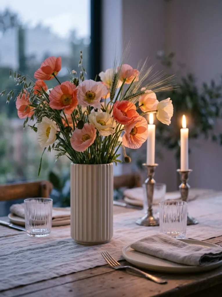 "Shirley poppies in a cream column vase glowing at dusk"