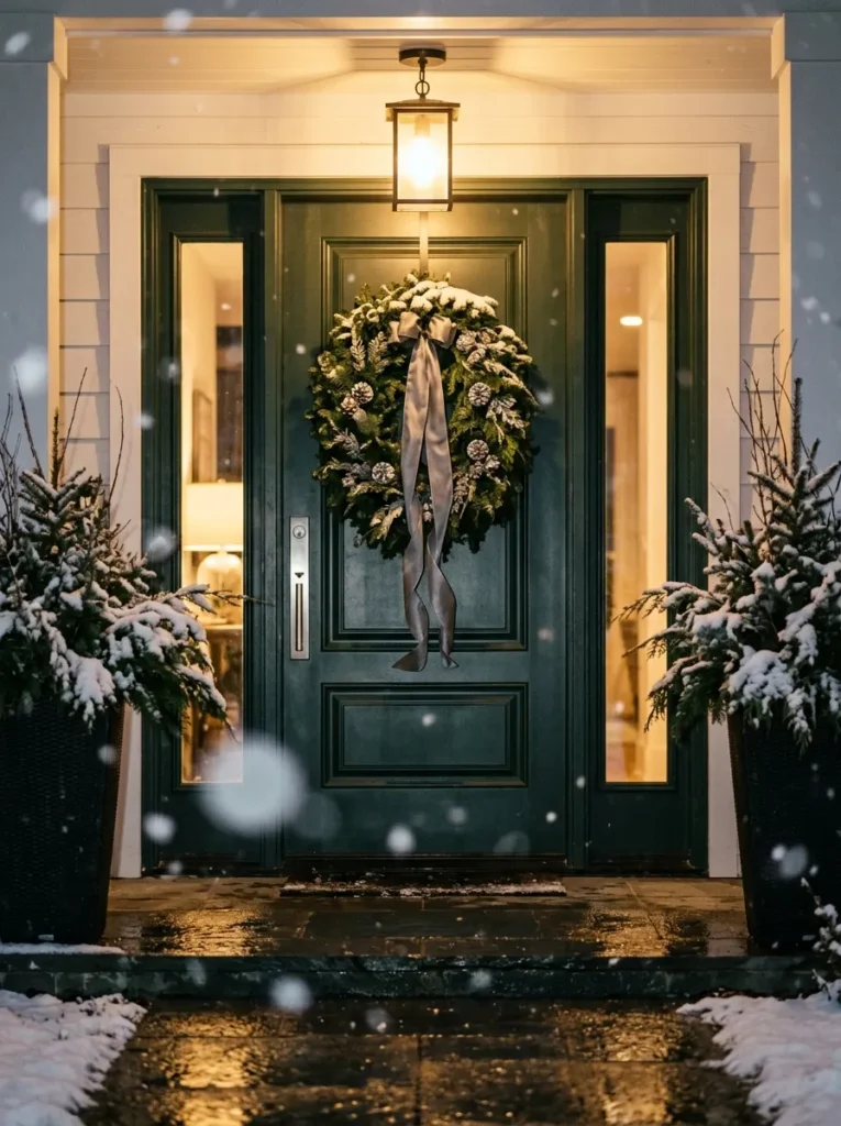 "White pine oval wreath with pewter ribbon on a forest-green door"